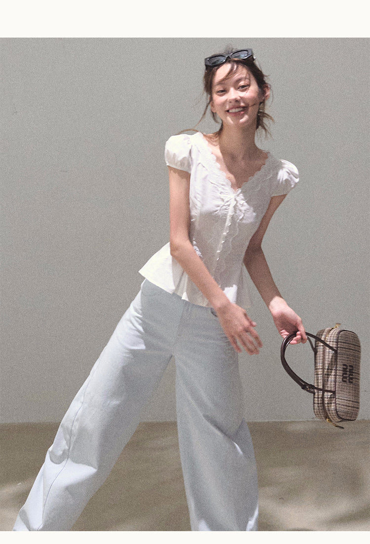 Dainty Puff Sleeve Fitted Blouse With Lace Trim