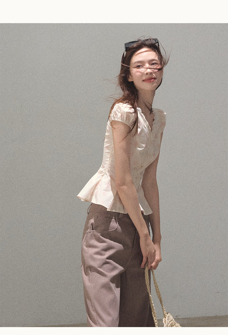 Dainty Puff Sleeve Fitted Blouse With Lace Trim
