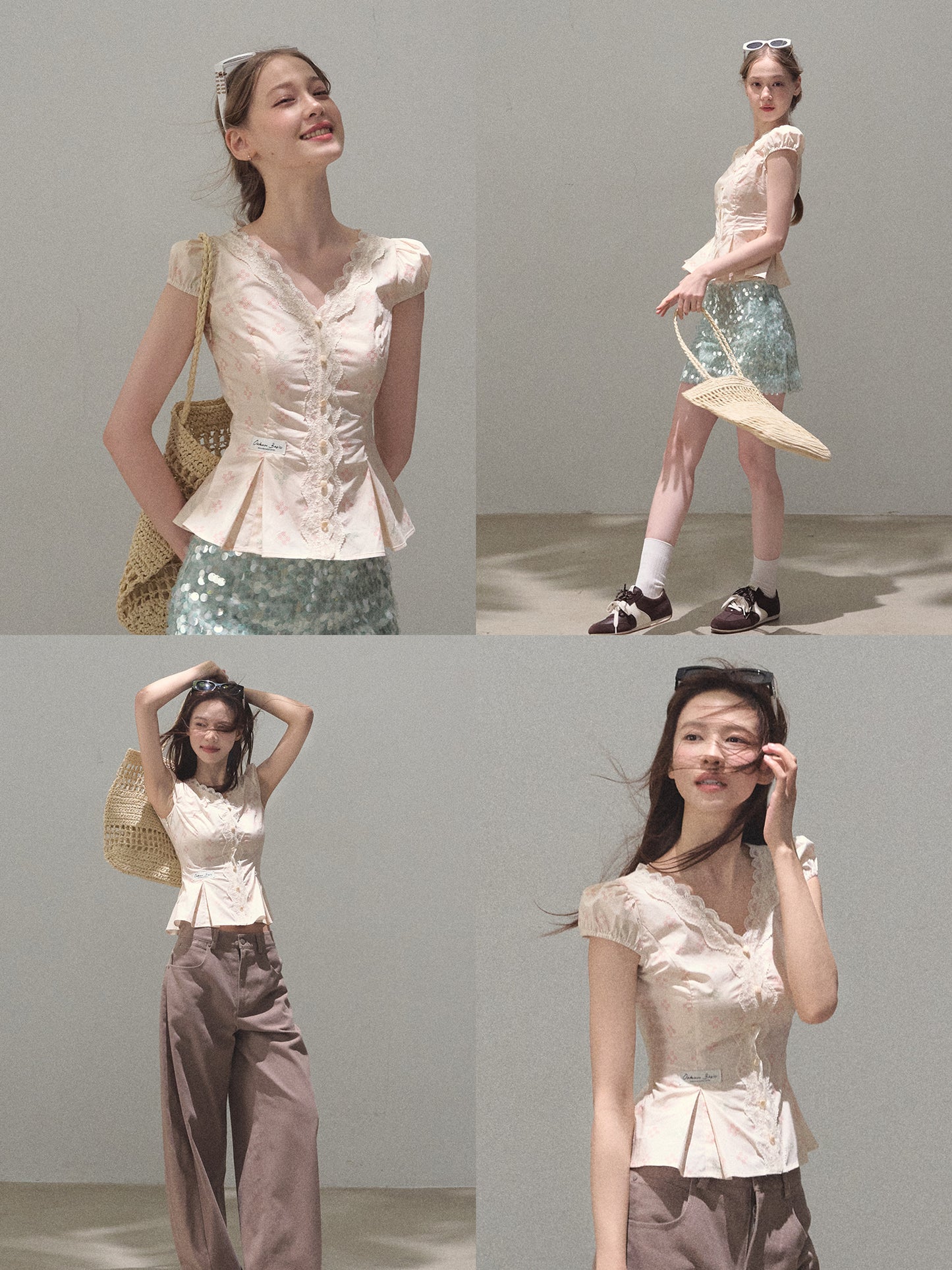 Dainty Puff Sleeve Fitted Blouse With Lace Trim