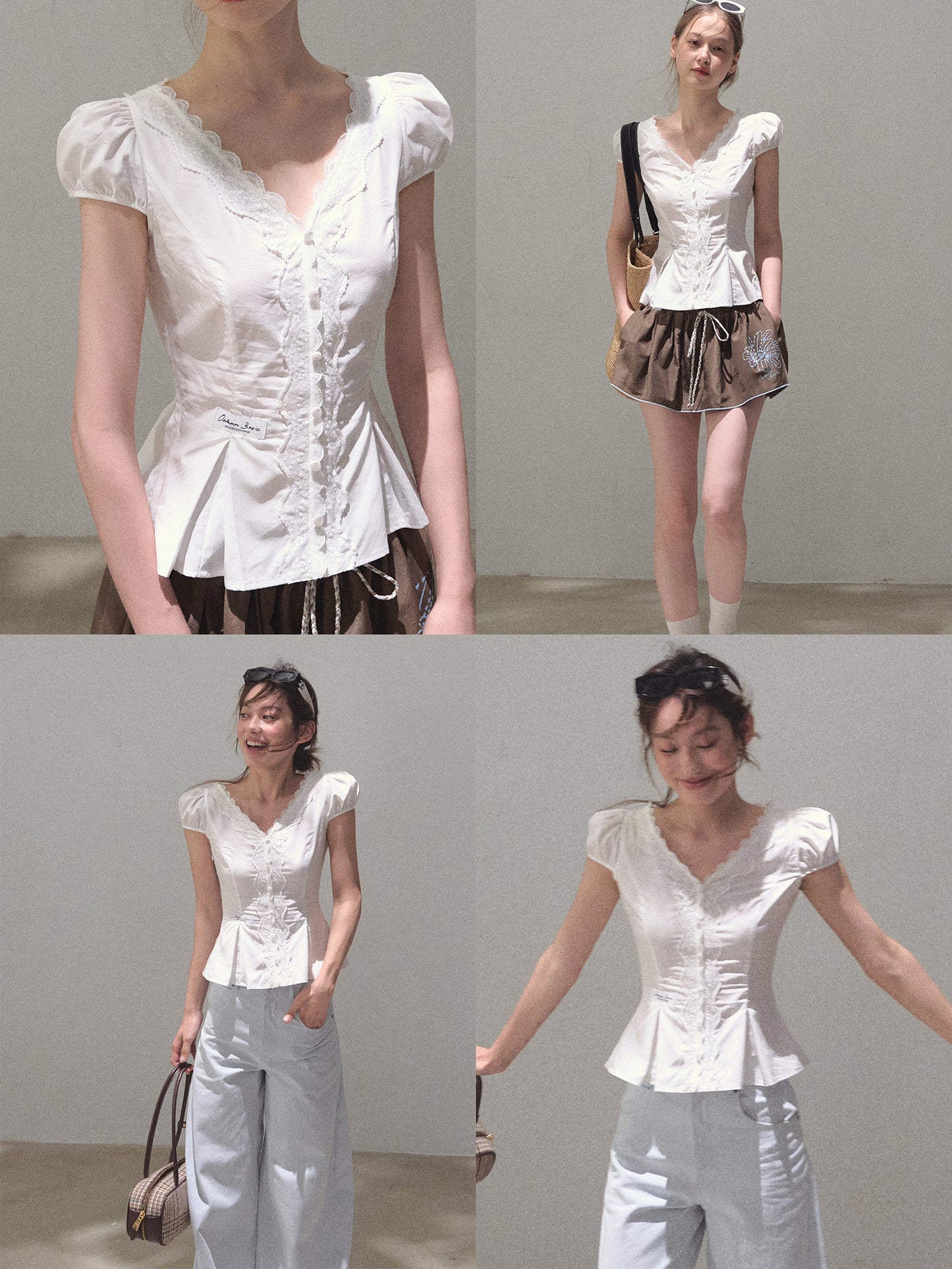 Dainty Puff Sleeve Fitted Blouse With Lace Trim
