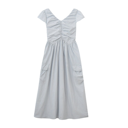 Gathered Puff-Sleeve Dress With Drawstring Pockets