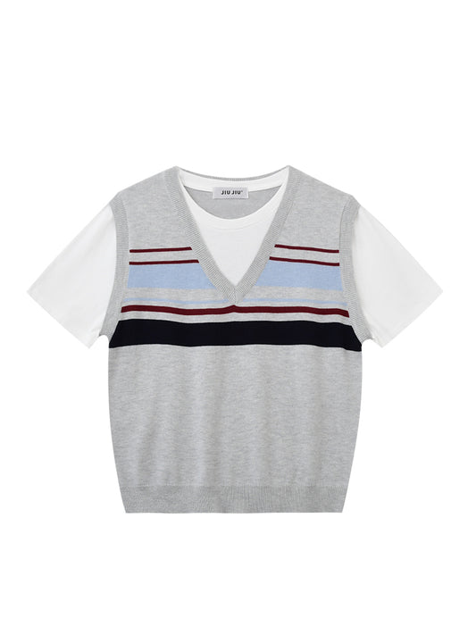 Faux Layered Striped Vest Tee