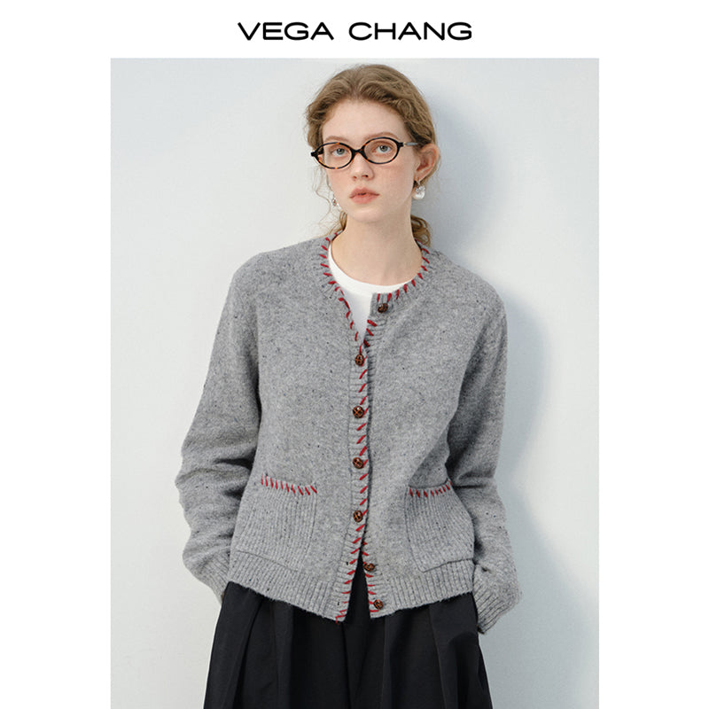 Contrast-Stitch Edge Pocketed Cardigan