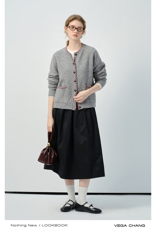 Contrast-Stitch Edge Pocketed Cardigan
