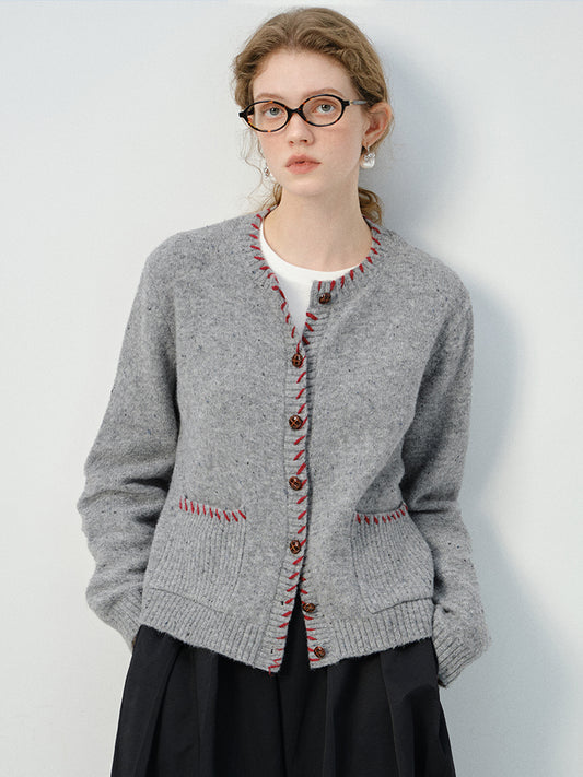 Contrast-Stitch Edge Pocketed Cardigan