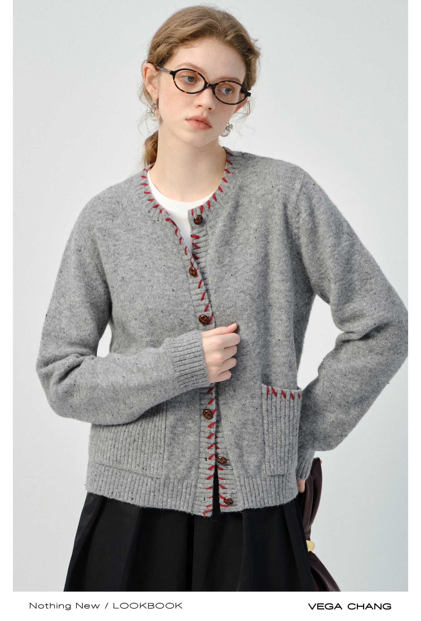 Contrast-Stitch Edge Pocketed Cardigan