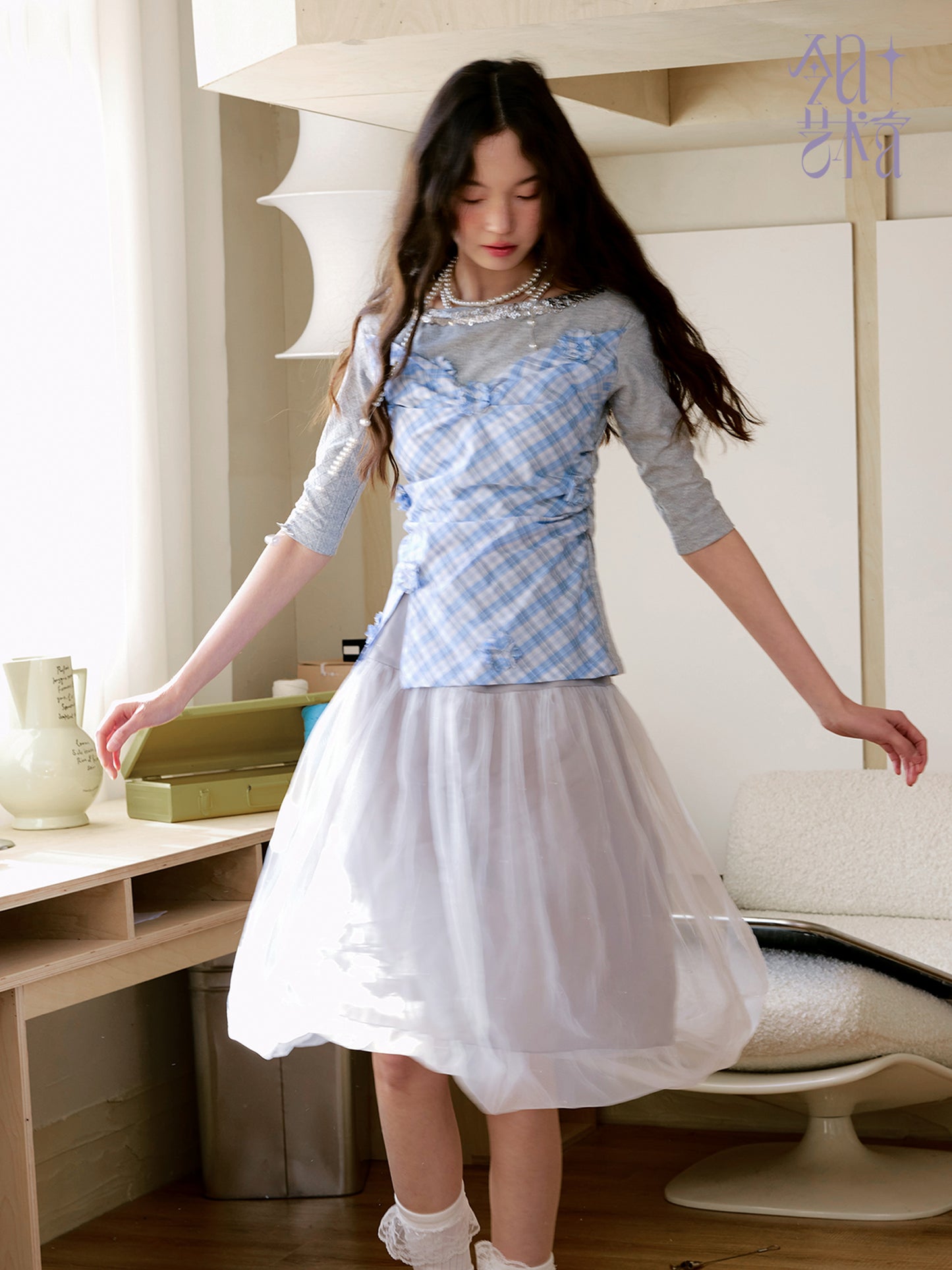 Embellished Plaid Top With Flowers & Sequins