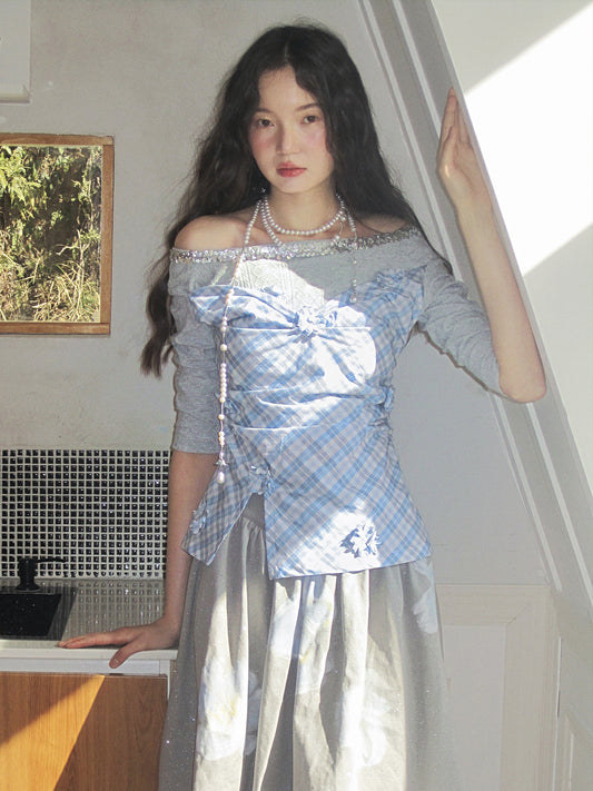 Embellished Plaid Top With Flowers & Sequins