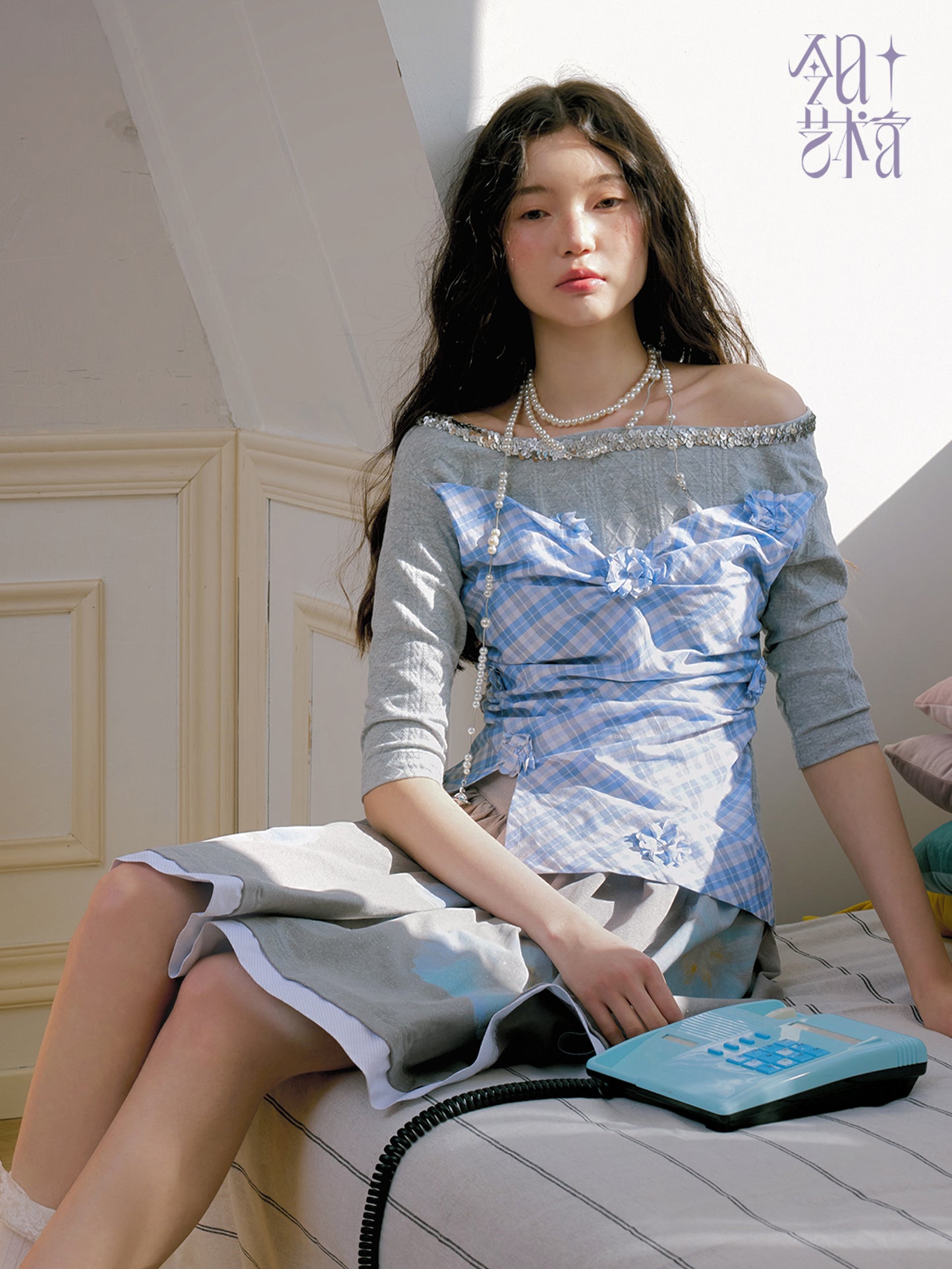 Embellished Plaid Top With Flowers & Sequins