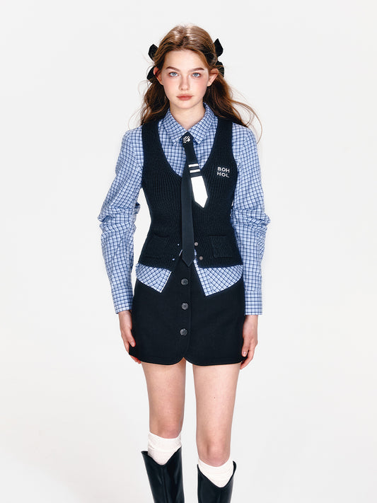 Checkered Shirt With Tie, Vest, Buttoned Skirt