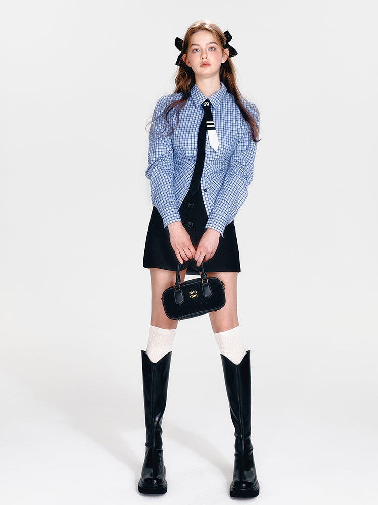 Checkered Shirt With Tie, Vest, Buttoned Skirt