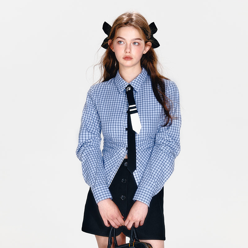 Checkered Shirt With Tie, Vest, Buttoned Skirt