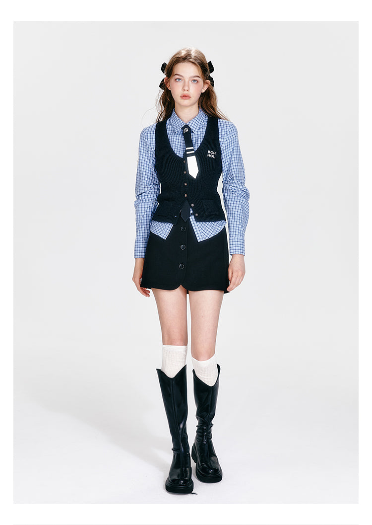 Checkered Shirt With Tie, Vest, Buttoned Skirt
