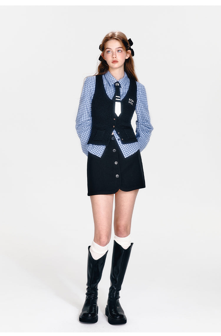 Checkered Shirt With Tie, Vest, Buttoned Skirt