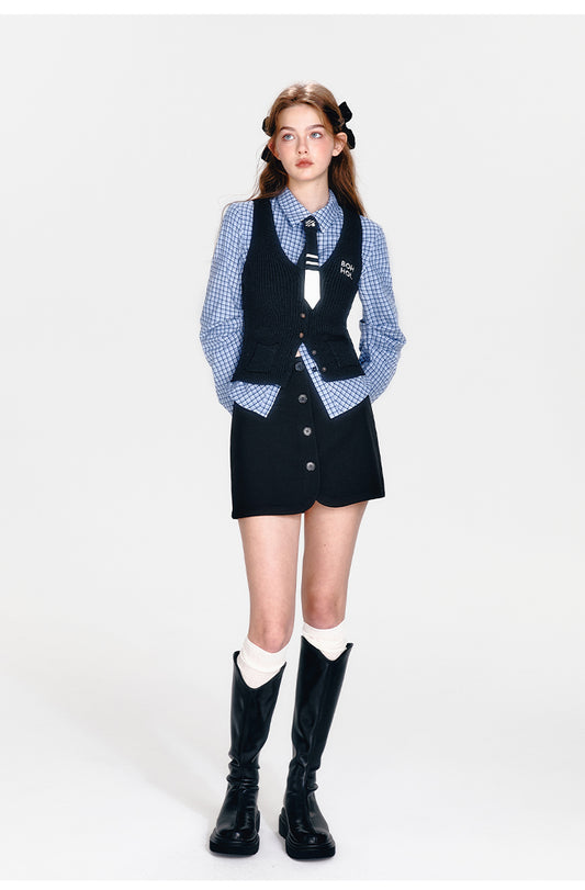 Checkered Shirt With Tie, Vest, Buttoned Skirt