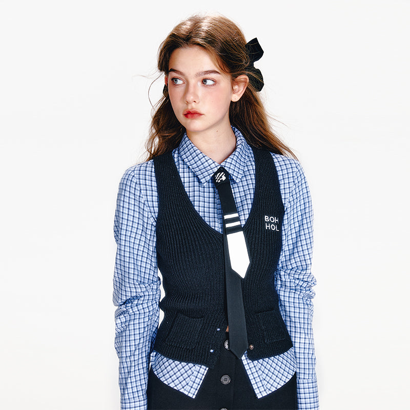 Checkered Shirt With Tie, Vest, Buttoned Skirt