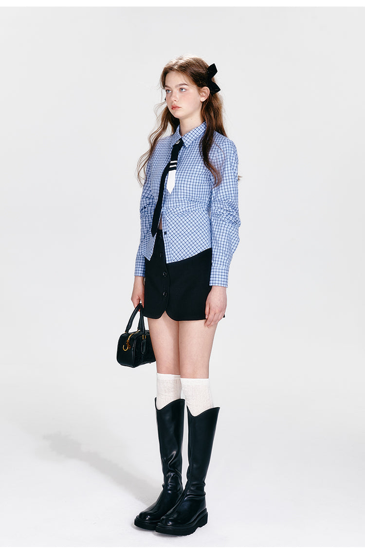 Checkered Shirt With Tie, Vest, Buttoned Skirt