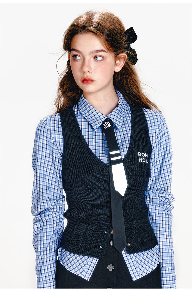 Checkered Shirt With Tie, Vest, Buttoned Skirt