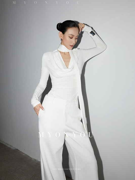 Draped Neck Slim Fit Ruched Top With Scarf