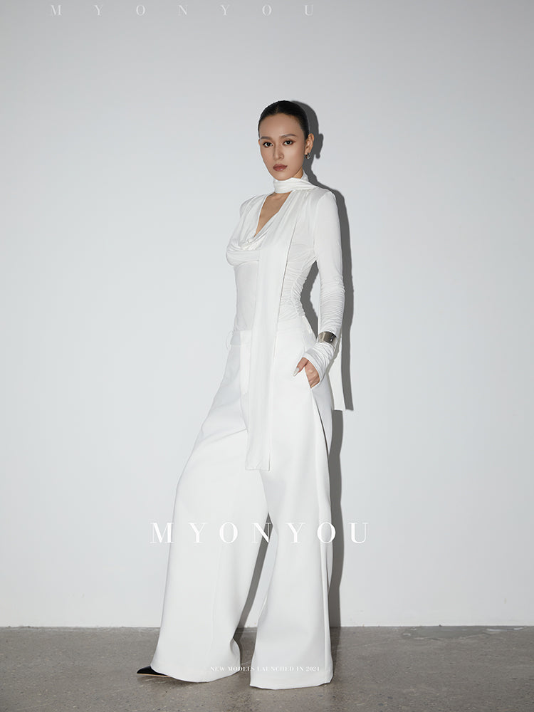 Draped Neck Slim Fit Ruched Top With Scarf