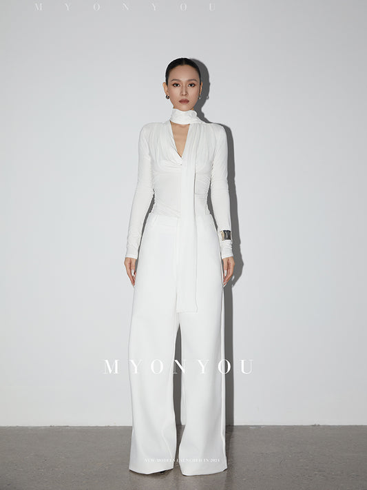 Draped Neck Slim Fit Ruched Top With Scarf