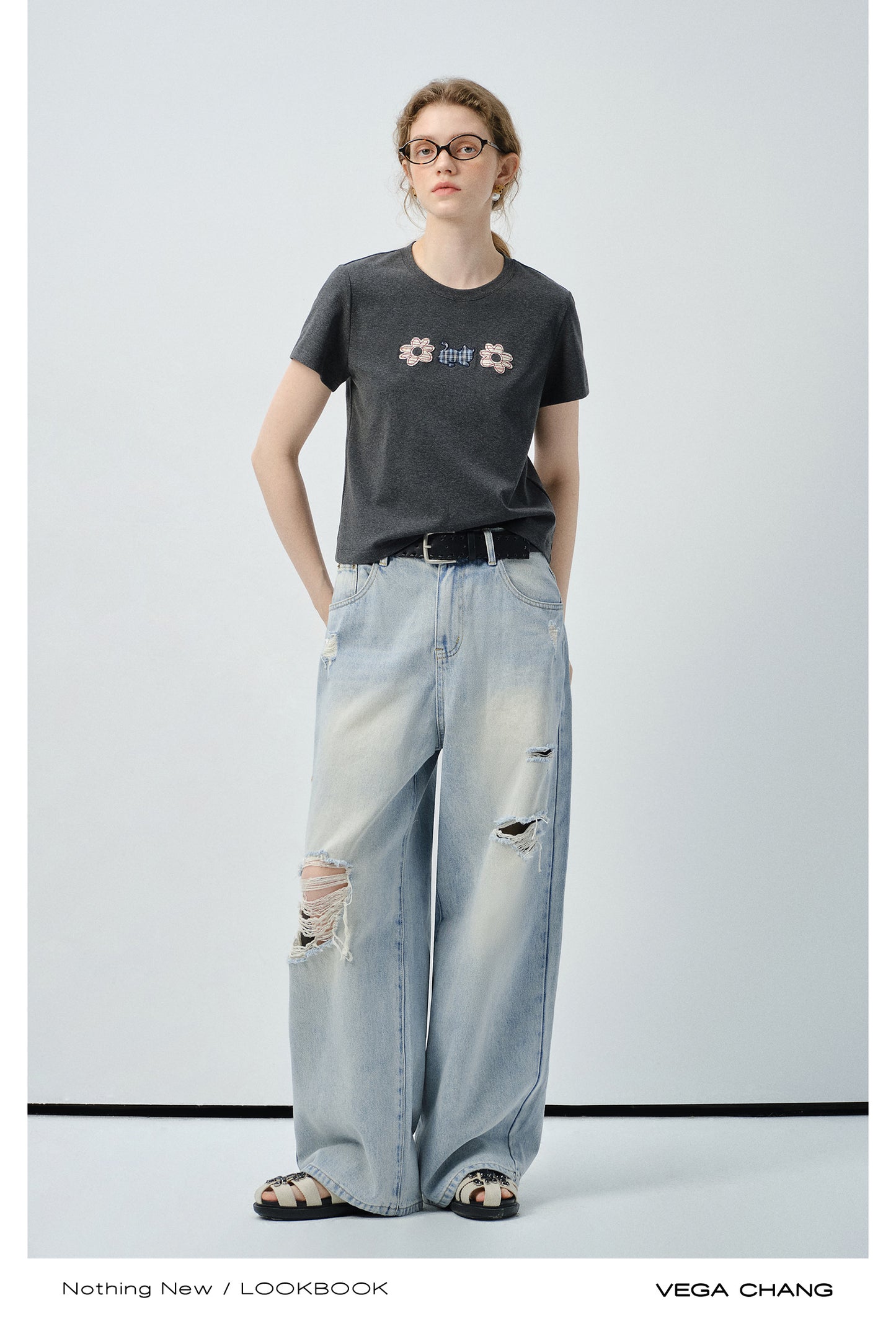 Appliqué T-Shirt & Asymmetric Plaid Panel Skirt