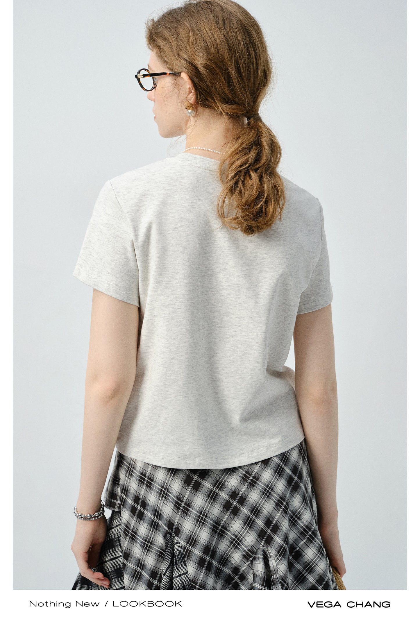 Appliqué T-Shirt & Asymmetric Plaid Panel Skirt