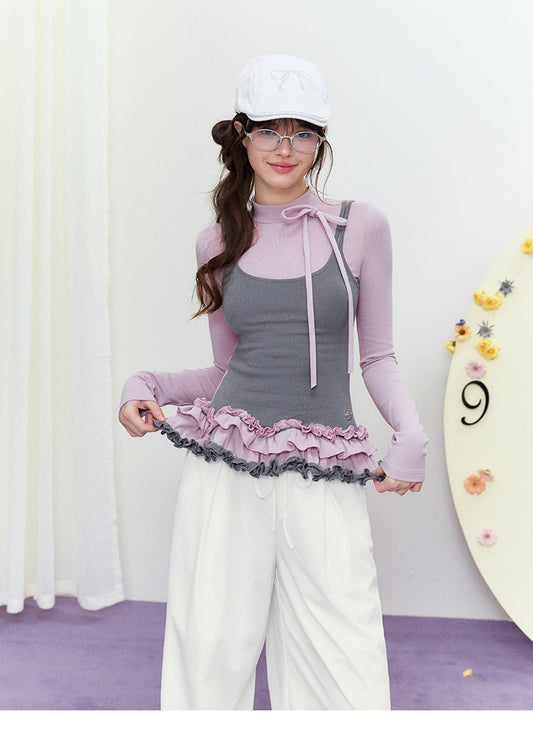 High Neck Layered-Look Top With Ruffled Hem