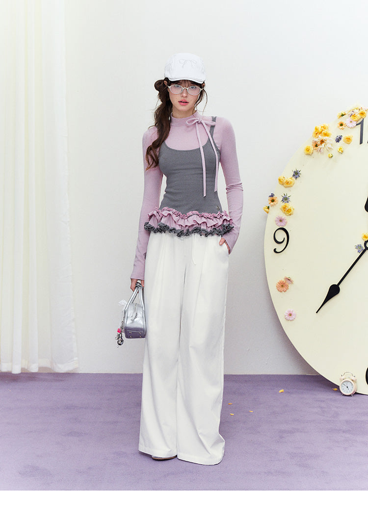 High Neck Layered-Look Top With Ruffled Hem