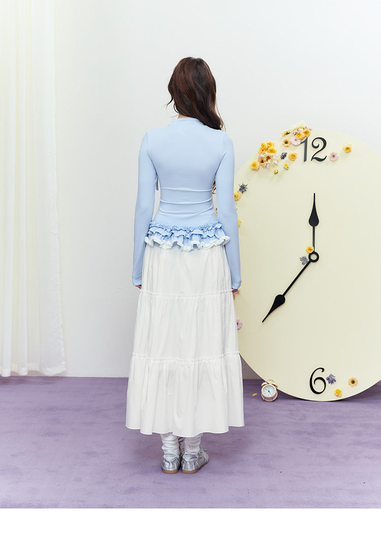 High Neck Layered-Look Top With Ruffled Hem