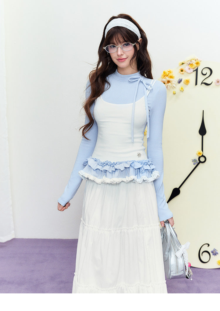 High Neck Layered-Look Top With Ruffled Hem