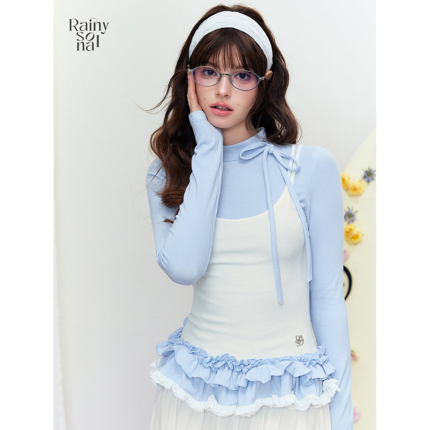 High Neck Layered-Look Top With Ruffled Hem