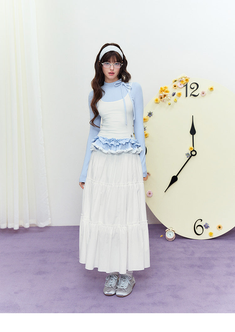 High Neck Layered-Look Top With Ruffled Hem