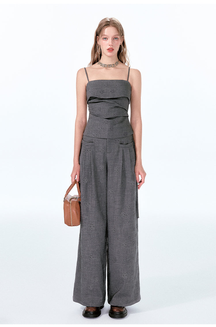 Rose-Embossed Foldover Camisole And Wide-Leg Pants