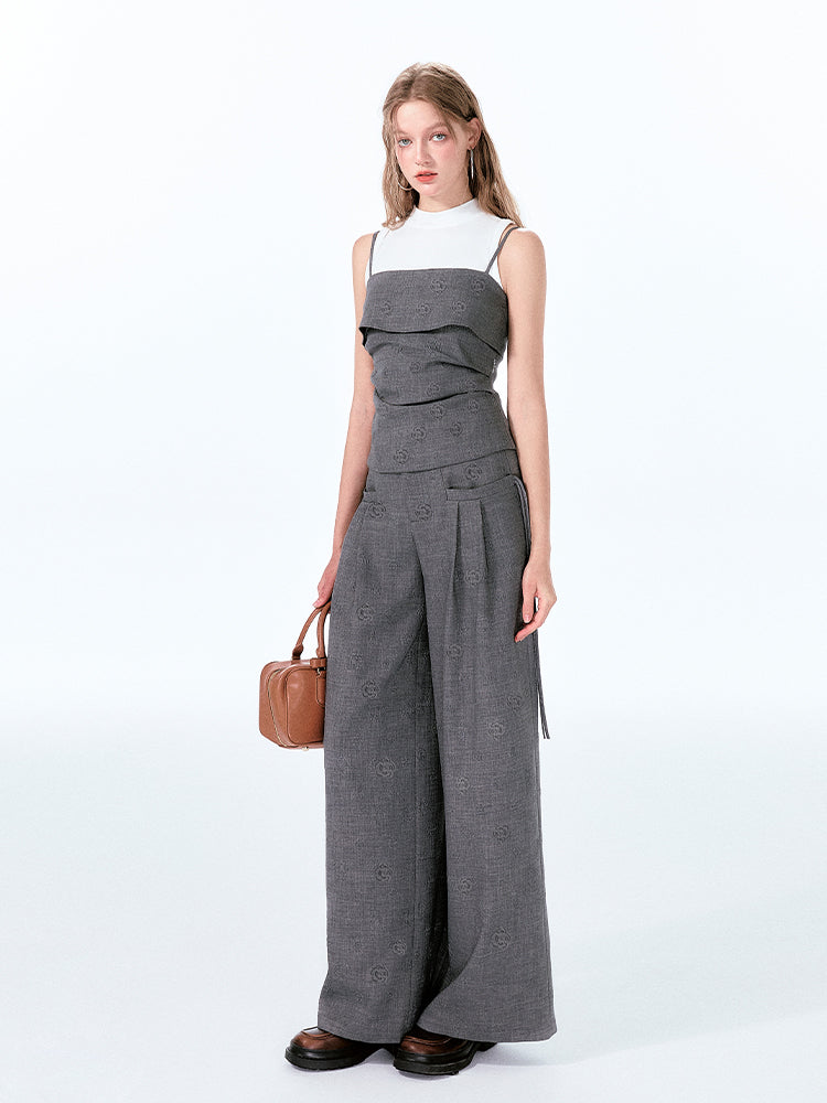 Rose-Embossed Foldover Camisole And Wide-Leg Pants
