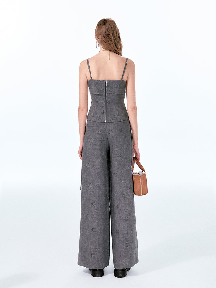 Rose-Embossed Foldover Camisole And Wide-Leg Pants