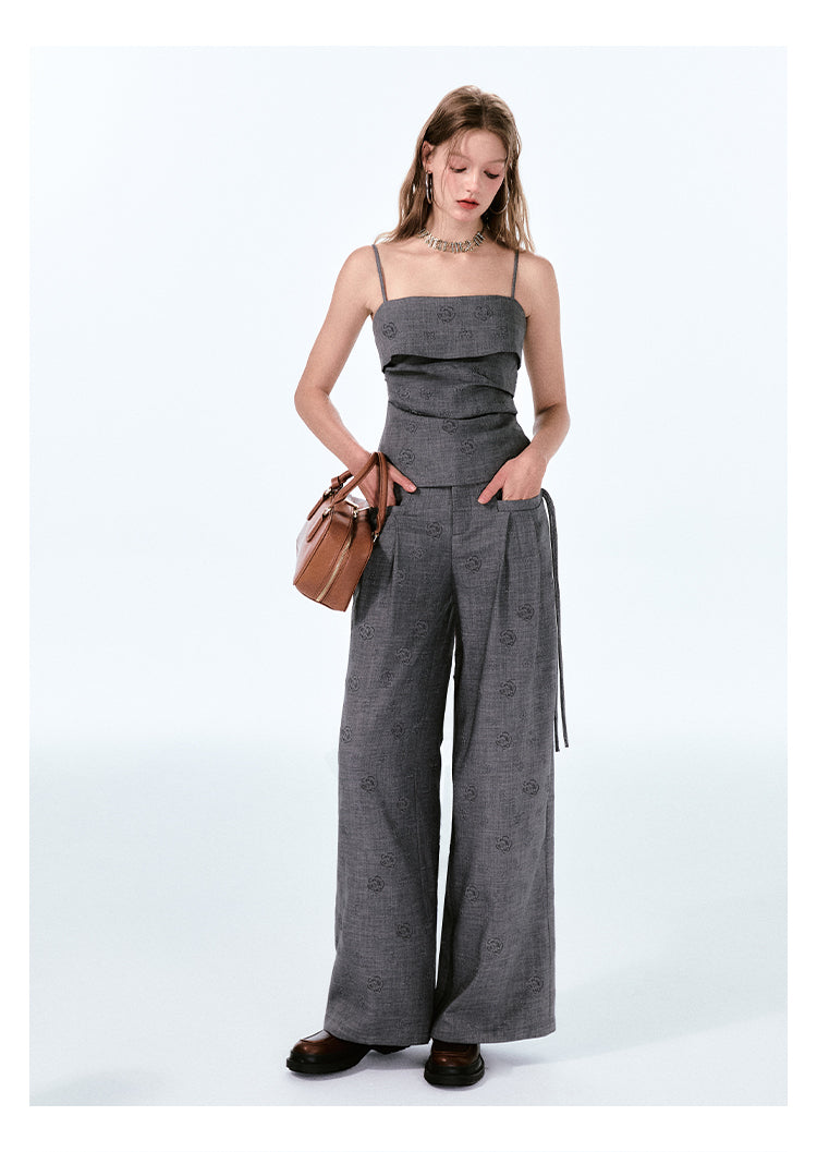 Rose-Embossed Foldover Camisole And Wide-Leg Pants