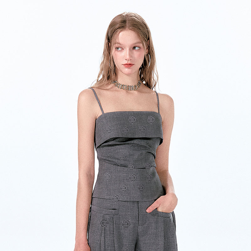 Rose-Embossed Foldover Camisole And Wide-Leg Pants