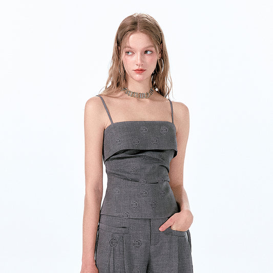 Rose-Embossed Foldover Camisole And Wide-Leg Pants