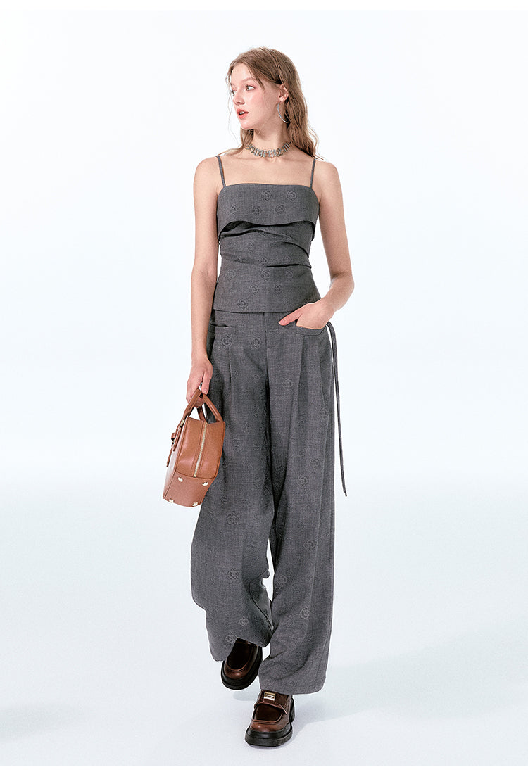 Rose-Embossed Foldover Camisole And Wide-Leg Pants