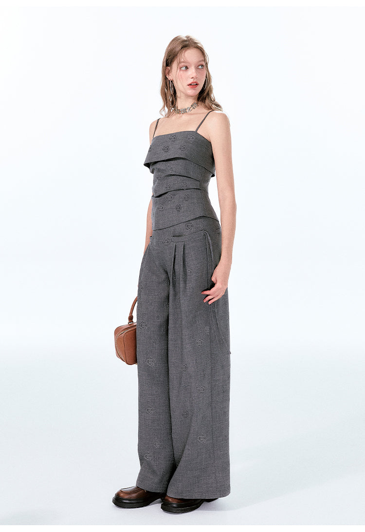Rose-Embossed Foldover Camisole And Wide-Leg Pants