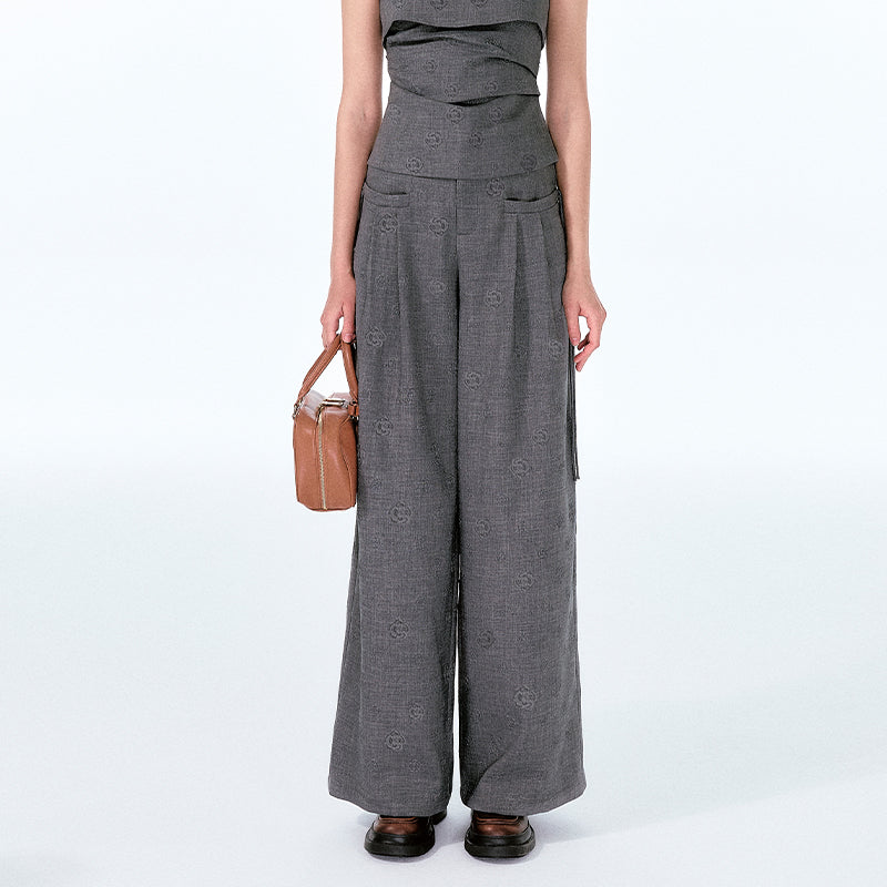 Rose-Embossed Foldover Camisole And Wide-Leg Pants