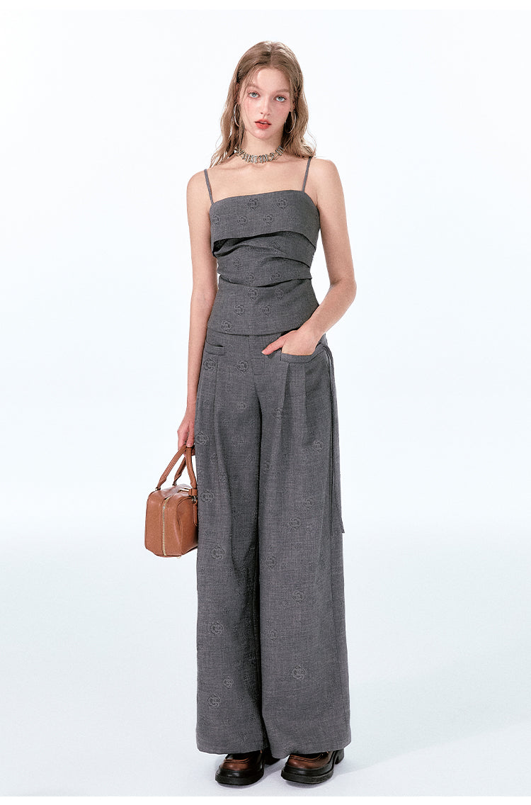 Rose-Embossed Foldover Camisole And Wide-Leg Pants