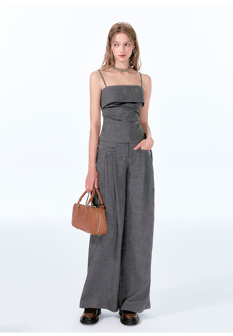 Rose-Embossed Foldover Camisole And Wide-Leg Pants