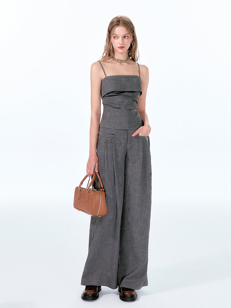Rose-Embossed Foldover Camisole And Wide-Leg Pants