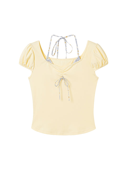 Short Puff-Sleeve Top With Halter Strap