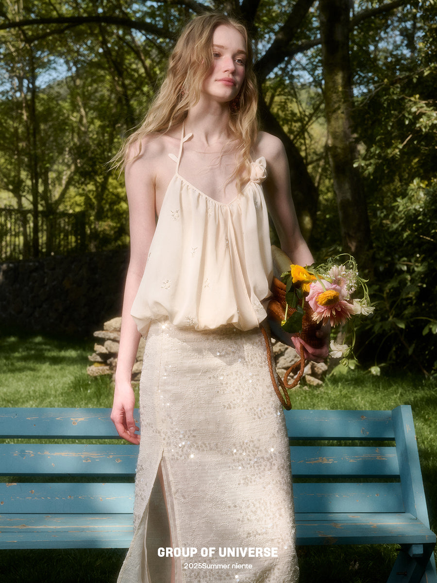 Sequin Embroidered Floral Bubble Hem Halter Top