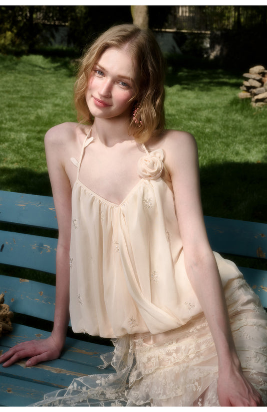 Sequin Embroidered Floral Bubble Hem Halter Top