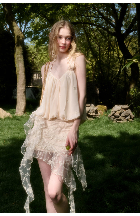 Sequin Embroidered Floral Bubble Hem Halter Top