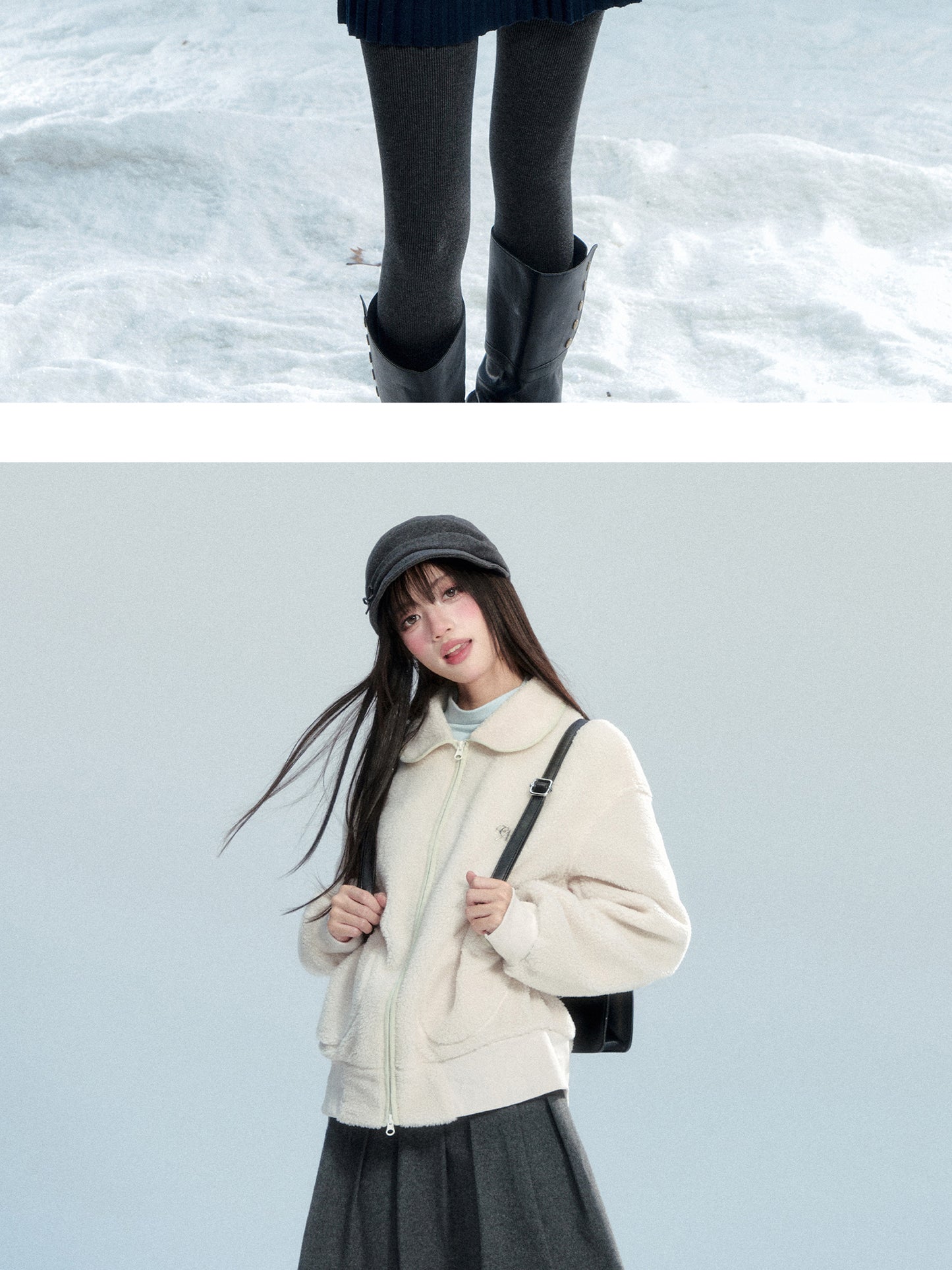 Faux Sheepskin Zip-Up Top With Peter Pan Collar